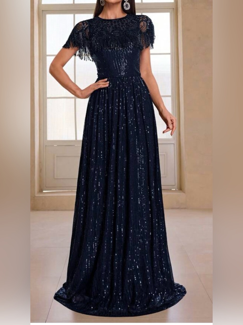 YISCIADO Midnight Navy Sequin Fringe Maxi Dress Women